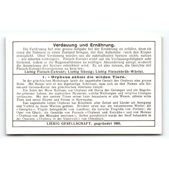 Victorian Liebig Trade Card Orpheus Taming Wild Animals Mythology Art - Picture 2 of 2